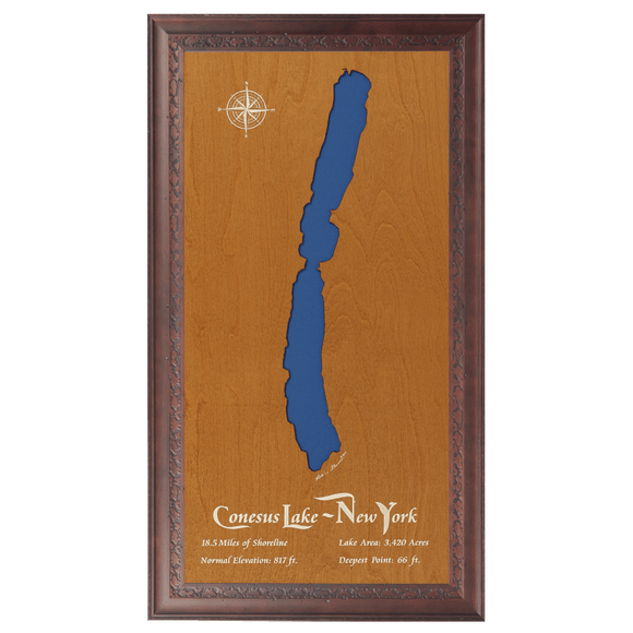 Conesus Lake, New York Stained Wood and Dark Walnut Frame Lake Map Silhouette