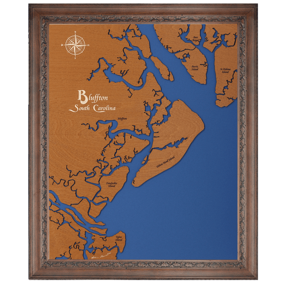 Bluffton, South Carolina Stained Wood and Dark Walnut Frame Lake Map Silhouette