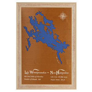 Lake Winnipesaukee, New Hampshire Stained Wood and Distressed White Frame Lake Map Silhouette