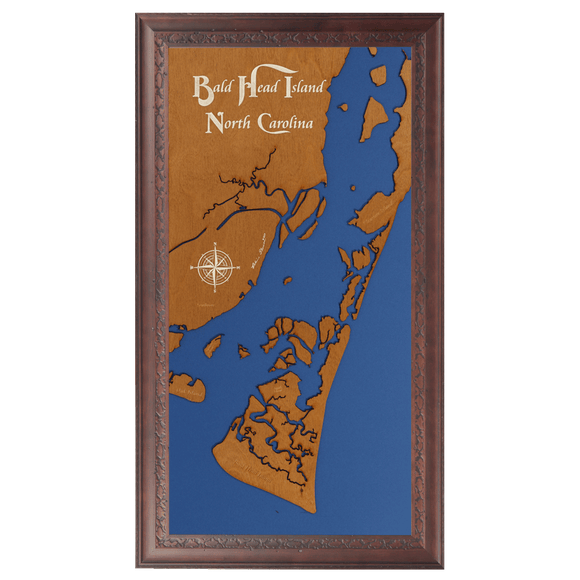 Bald Head Island, North Carolina Stained Wood and Dark Walnut Frame Lake Map Silhouette