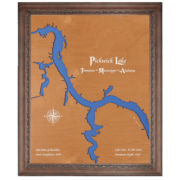 Pickwick Lake, Tennessee - Mississippi - Alabama Stained Wood and Dark Walnut Frame Lake Map Silhouette