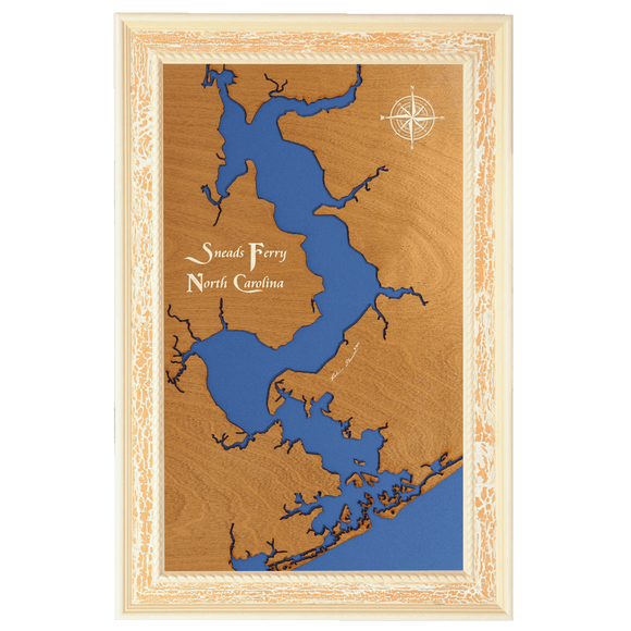 Sneads Ferry, North Carolina  Stained Wood and Distressed White Frame Lake Map Silhouette