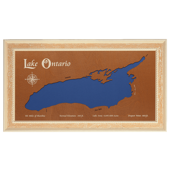 Lake Ontario, Canada and New York Stained Wood and Distressed White Frame Lake Map Silhouette