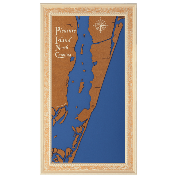 Pleasure Island, North Carolina Stained Wood and Distressed White Frame Lake Map Silhouette