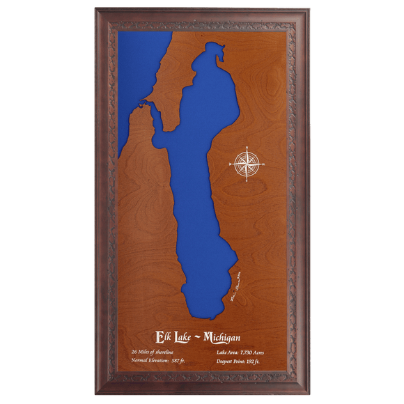 Elk Lake, Michigan Stained Wood and Dark Walnut Frame Lake Map Silhouette