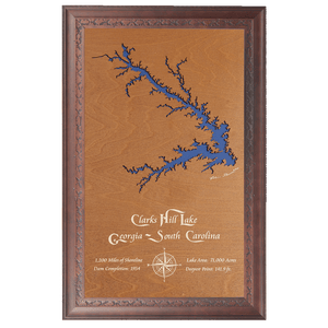 Clarks Hill Lake, Georgia and South Carolina Stained Wood and Dark Walnut Frame Lake Map Silhouette