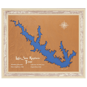 Lake Sam Rayburn, Texas Stained Wood and Distressed White Frame Lake Map Silhouette