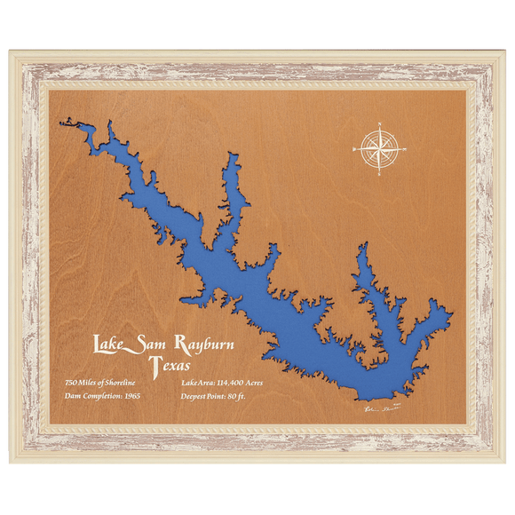 Lake Sam Rayburn, Texas Stained Wood and Distressed White Frame Lake Map Silhouette