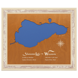 Shawano Lake, Wisconsin Stained Wood and Distressed White Frame Lake Map Silhouette