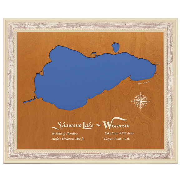 Shawano Lake, Wisconsin Stained Wood and Distressed White Frame Lake Map Silhouette