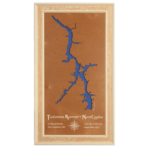 Tuckertown Reservoir, North Carolina Stained Wood and Distressed White Frame Lake Map Silhouette