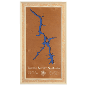 Tuckertown Reservoir, North Carolina Stained Wood and Distressed White Frame Lake Map Silhouette