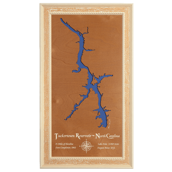 Tuckertown Reservoir, North Carolina Stained Wood and Distressed White Frame Lake Map Silhouette