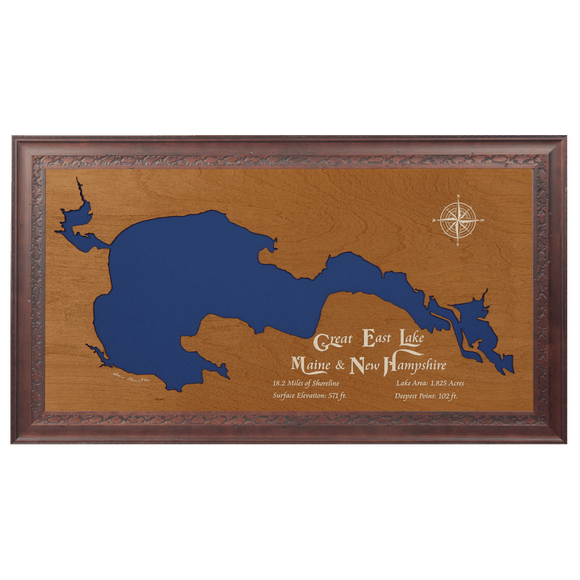 Great East Lake, Maine and New Hampshire Stained Wood and Dark Walnut Frame Lake Map Silhouette