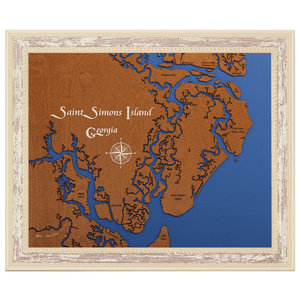 Saint Simons Island, Georgia Stained Wood and Distressed White Frame Lake Map Silhouette