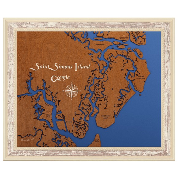 Saint Simons Island, Georgia Stained Wood and Distressed White Frame Lake Map Silhouette