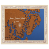 Saint Simons Island, Georgia Stained Wood and Distressed White Frame Lake Map Silhouette