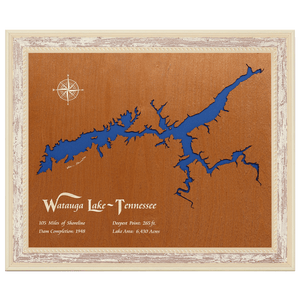 Watauga Lake, Tennessee Stained Wood and Distressed White Frame Lake Map Silhouette