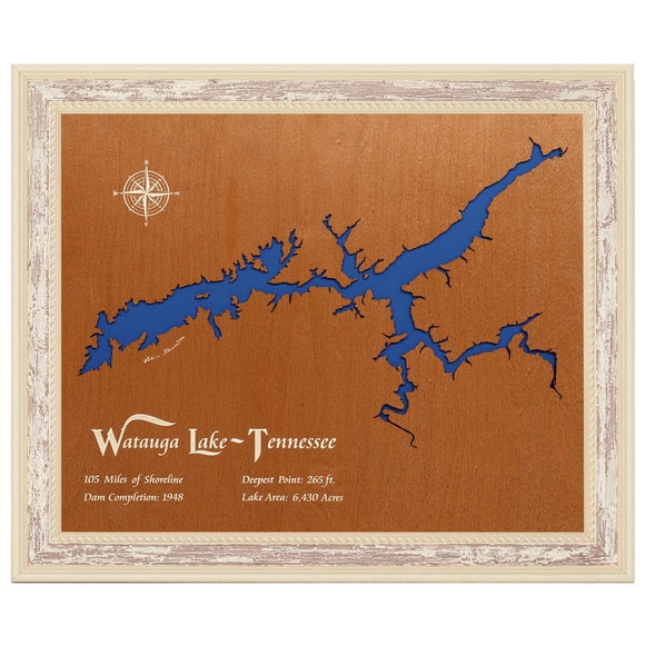 Watauga Lake, Tennessee Stained Wood and Distressed White Frame Lake Map Silhouette