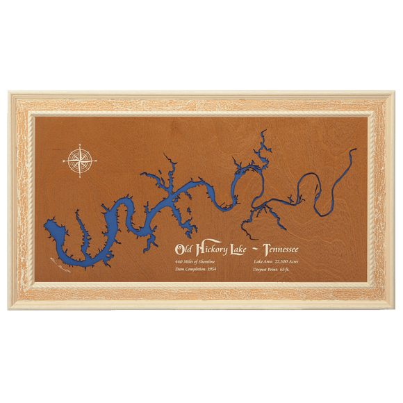 Hickory Lake, Tennessee Stained Wood and Distressed White Frame Lake Map Silhouette