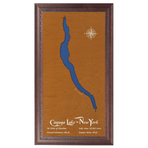 Cayuga Lake, New York Stained Wood and Dark Walnut Frame Lake Map Silhouette