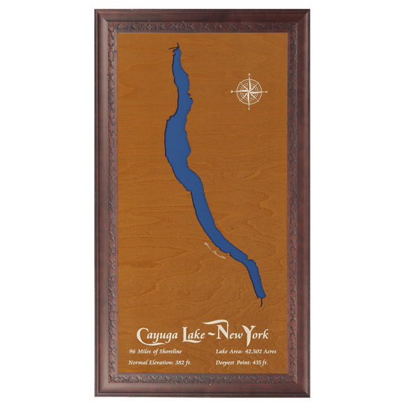 Cayuga Lake, New York Stained Wood and Dark Walnut Frame Lake Map Silhouette