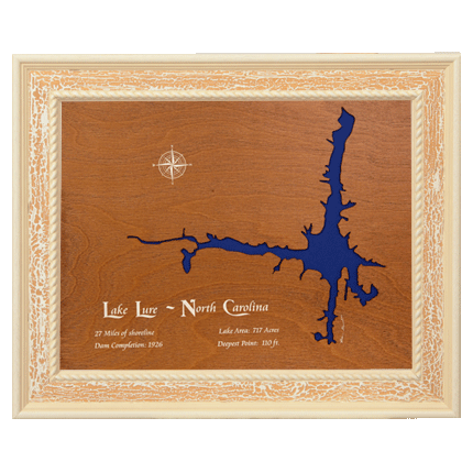 Lake Lure, North Carolina Stained Wood and Distressed White Frame Lake Map Silhouette