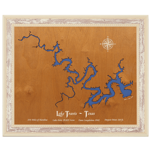 Lake Travis, Texas Stained Wood and Distressed White Frame Lake Map Silhouette