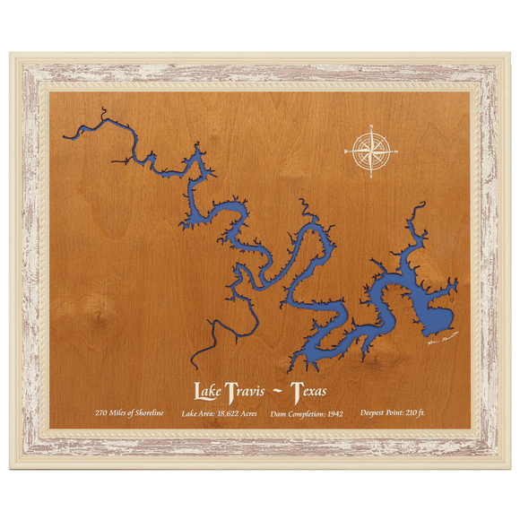 Lake Travis, Texas Stained Wood and Distressed White Frame Lake Map Silhouette
