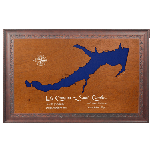 Lake Carolina, South Carolina Stained Wood and Dark Walnut Frame Lake Map Silhouette