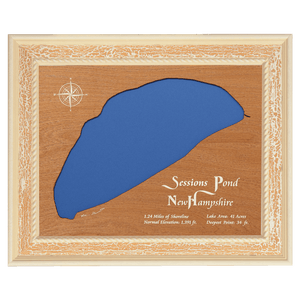 Sessions Pond, New Hampshire Stained Wood and Distressed White Frame Lake Map Silhouette