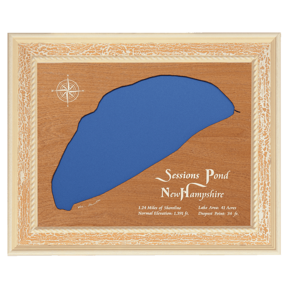 Sessions Pond, New Hampshire Stained Wood and Distressed White Frame Lake Map Silhouette