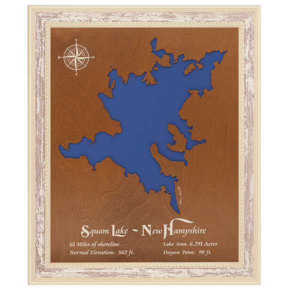 Squam Lake, New Hampshire Stained Wood and Distressed White Frame Lake Map Silhouette