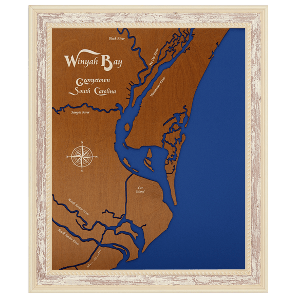 Winyah Bay, South Carolina Stained Wood and Distressed White Frame Lake Map Silhouette