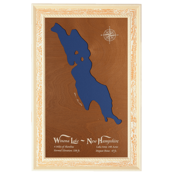 Winona Lake, New Hampshire Stained Wood and Distressed White Frame Lake Map Silhouette