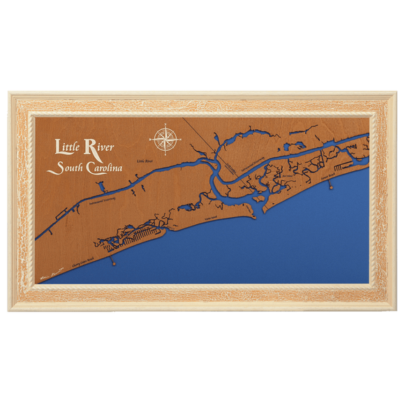 Little River, South Carolina Stained Wood and Distressed White Frame Lake Map Silhouette