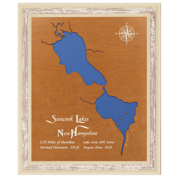 Suncook Lakes, New Hampshire Stained Wood and Distressed White Frame Lake Map Silhouette