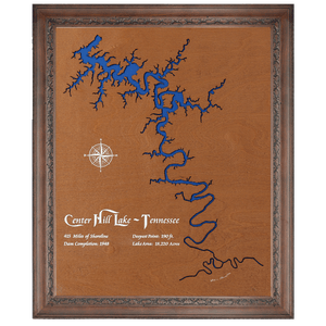 Center Hill Lake, Tennessee Stained Wood and Dark Walnut Frame Lake Map Silhouette