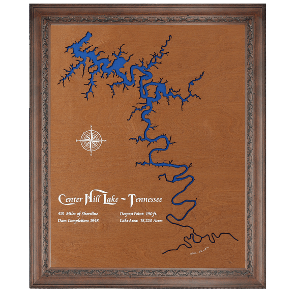 Center Hill Lake, Tennessee Stained Wood and Dark Walnut Frame Lake Map Silhouette