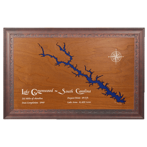 Lake Greenwood, South Carolina Stained Wood and Dark Walnut Frame Lake Map Silhouette