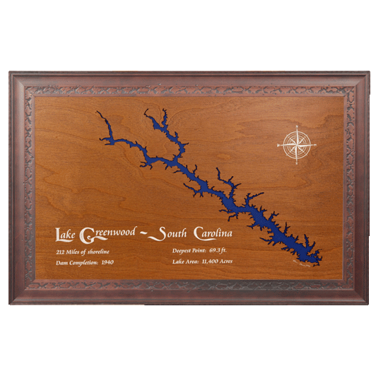 Lake Greenwood, South Carolina Stained Wood and Dark Walnut Frame Lake Map Silhouette
