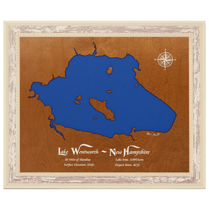 Lake Wentworth, New Hampshire Stained Wood and Distressed White Frame Lake Map Silhouette