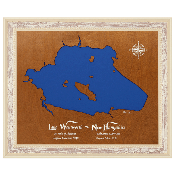 Lake Wentworth, New Hampshire Stained Wood and Distressed White Frame Lake Map Silhouette