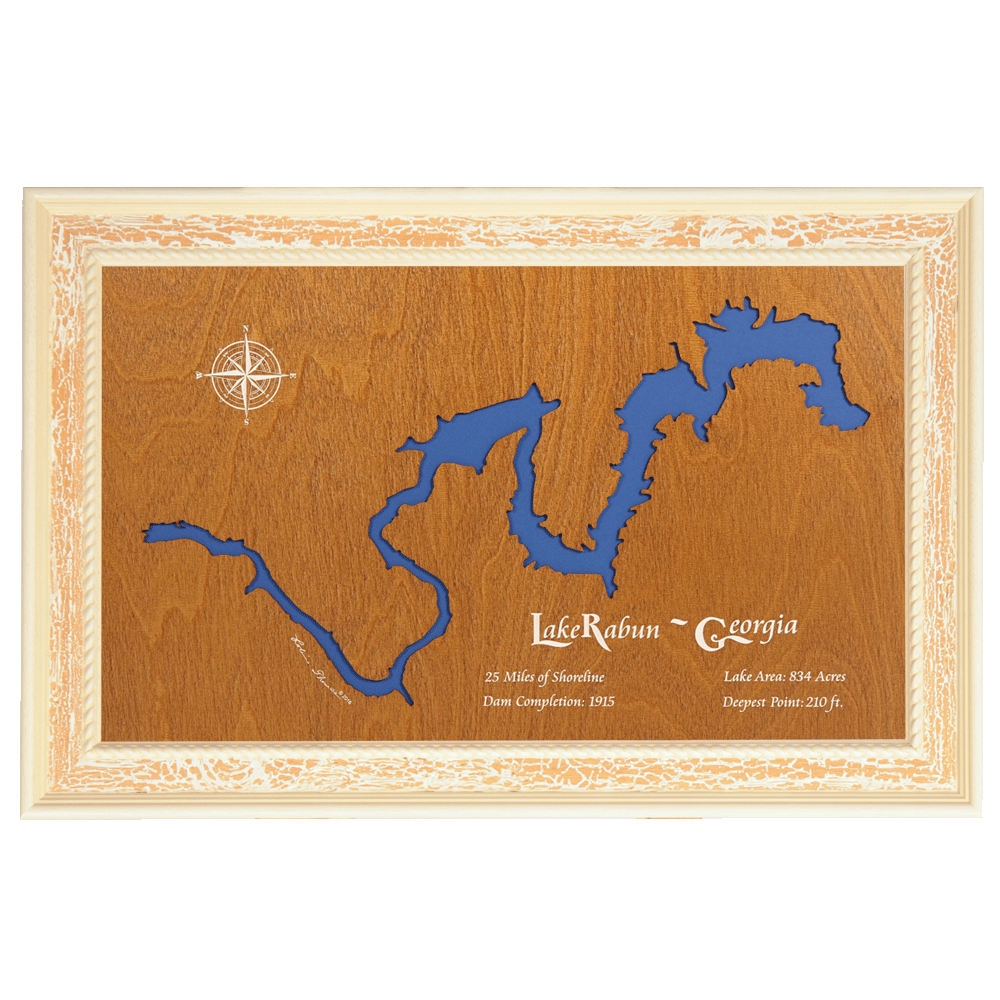Lake Rabun, Georgia Stained Wood and Distressed White Frame Lake Map S ...