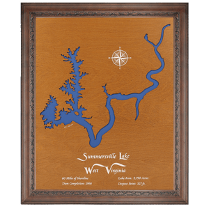 Summersville Lake, West Virginia Stained Wood and Dark Walnut Frame Lake Map Silhouette