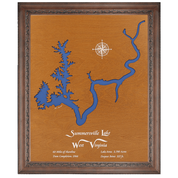 Summersville Lake, West Virginia Stained Wood and Dark Walnut Frame Lake Map Silhouette