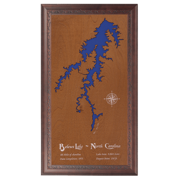 Belews Lake, North Carolina Stained Wood and Dark Walnut Frame Lake Map Silhouette