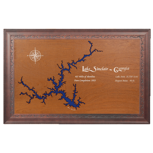 Lake Sinclair, Georgia Stained Wood and Dark Walnut Frame Lake Map Silhouette