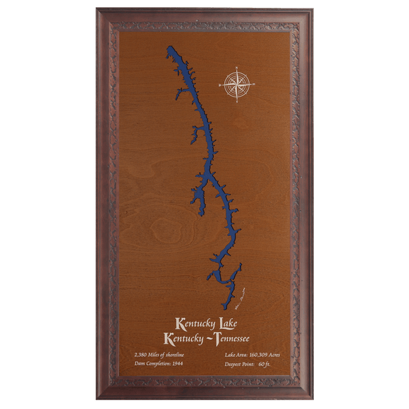 Kentucky Lake, Kentucky and Tennessee Stained Wood and Dark Walnut Frame Lake Map Silhouette