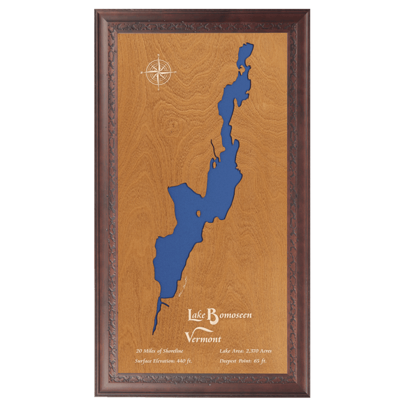 Lake Bomoseen, Vermont Stained Wood and Dark Walnut Frame Lake Map Silhouette
